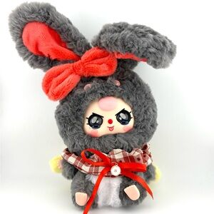 Blind For Love 'Lucy' Gray Plush Bunny with Coral Plaid Bow NWOT